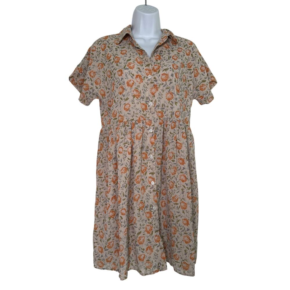 Mikarose Floral Dress Size SMALL Short Sleeve Button Orange Blue Lined